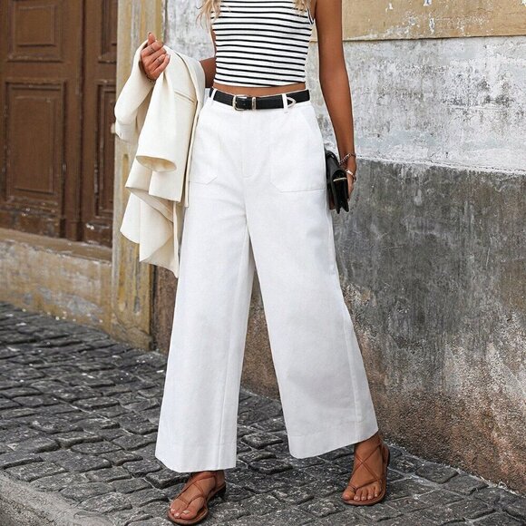 Pants - White Casual Women's High-Waisted Wide Leg Pants With Pockets